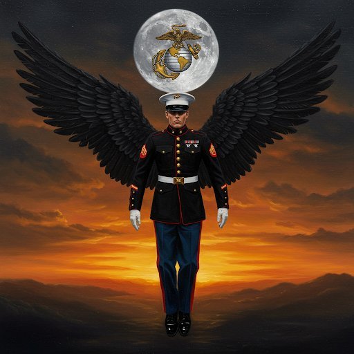 A Marine as a dark angel of mercy over a battlefield