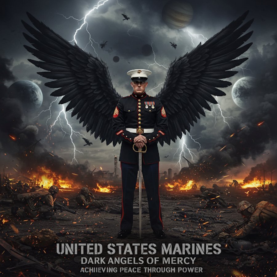 A Marine standing with dark angel wings beneath the Marine Corps moon