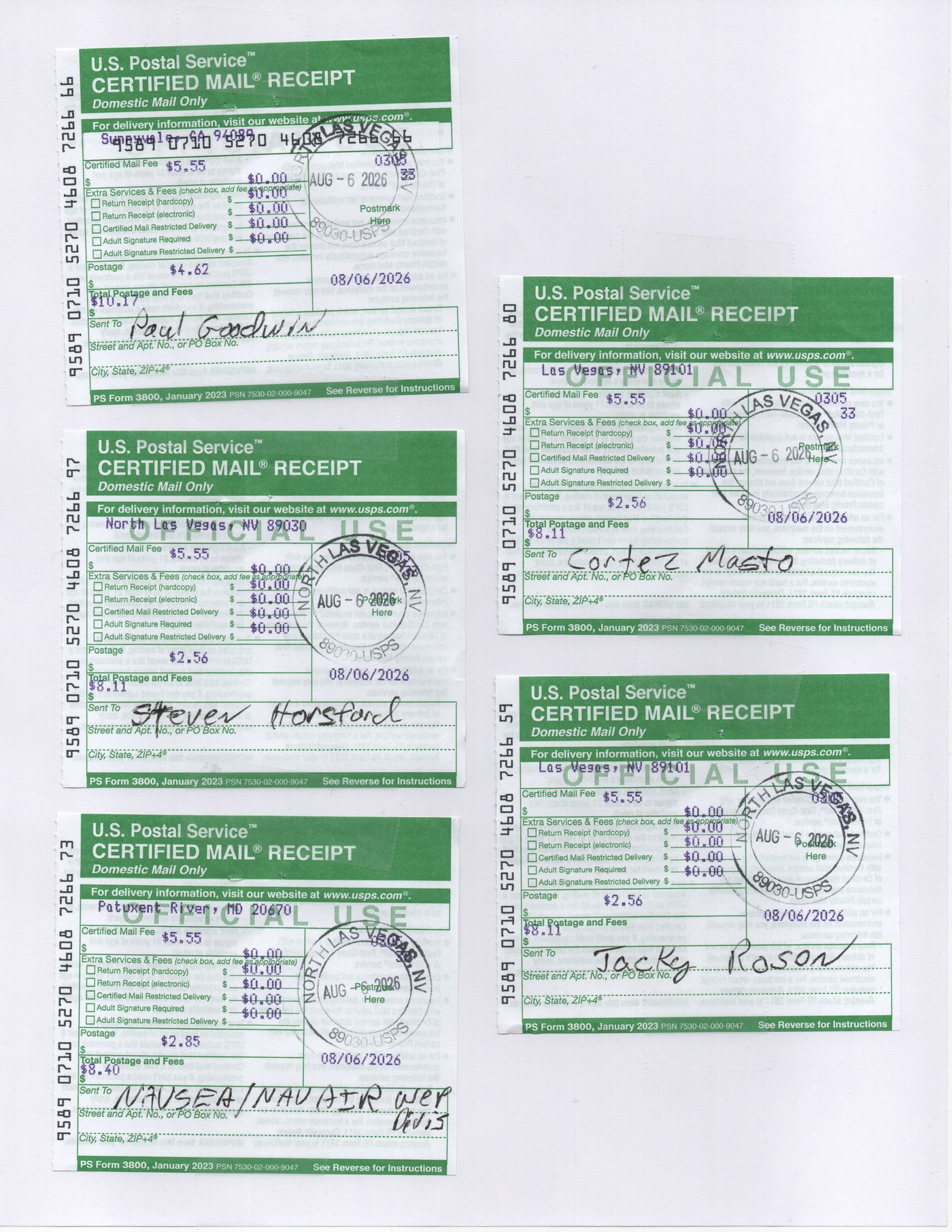 Certified mail receipts postmarked August 6, 2026 — sent to the Department of Defense and to Senator Jacky Rosen, Senator Catherine Cortez Masto, and Representative Steven Horsford