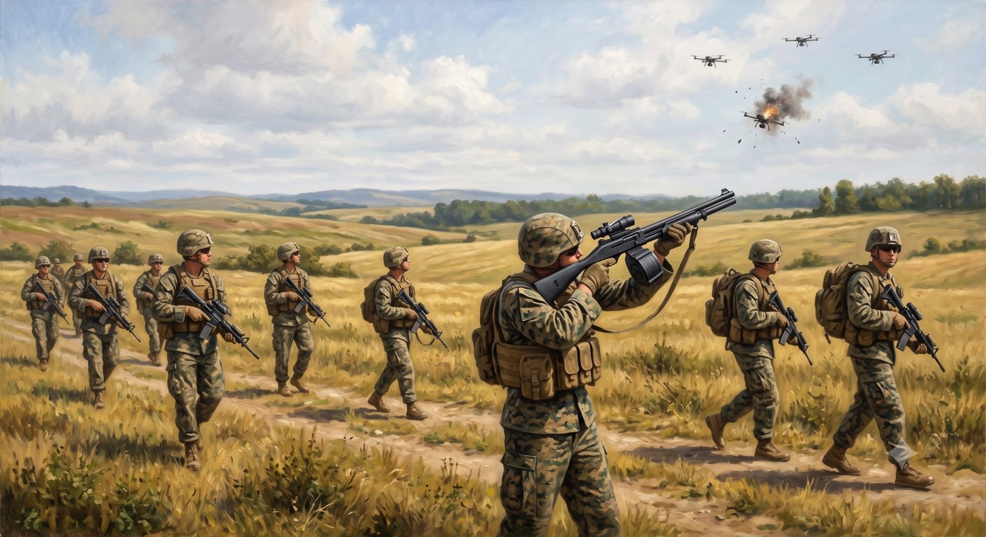 A Marine rifle squad on patrol — the 12-gauge Hailstorm version knocking a drone out of the sky